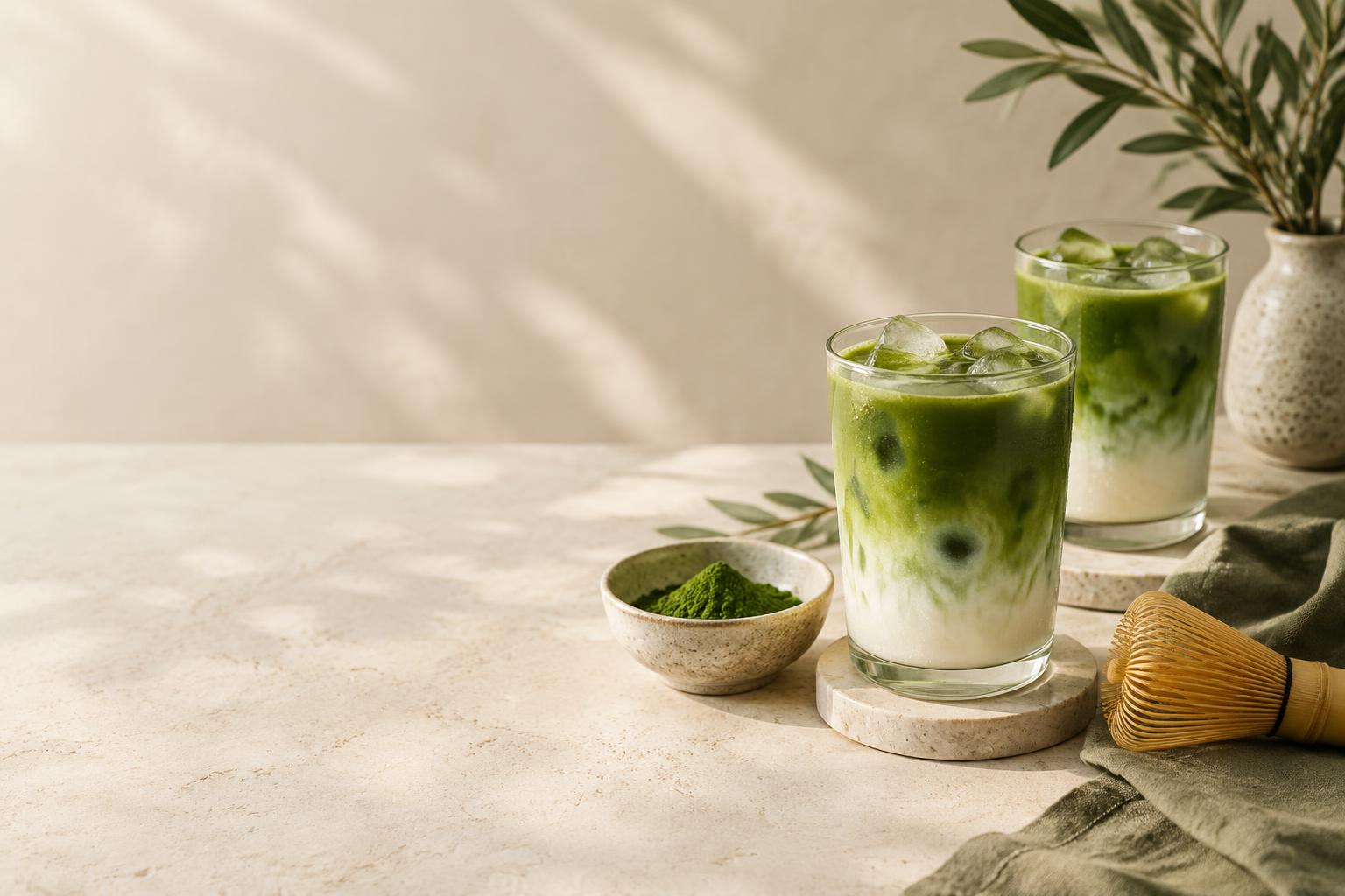Iced matcha lattes with a bamboo whisk and a bowl of matcha